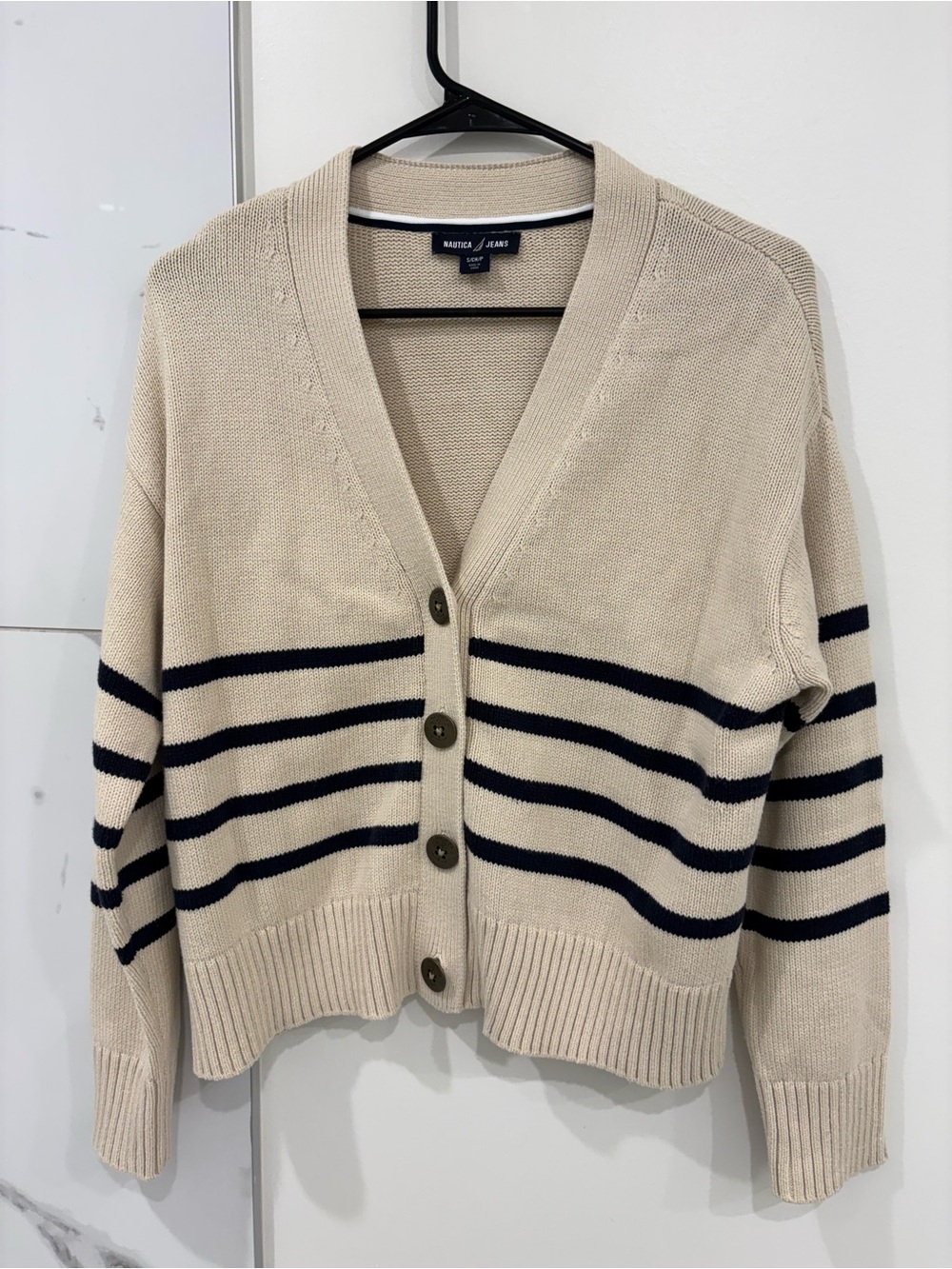 Nautica Cream Cardigan with Navy Stripes